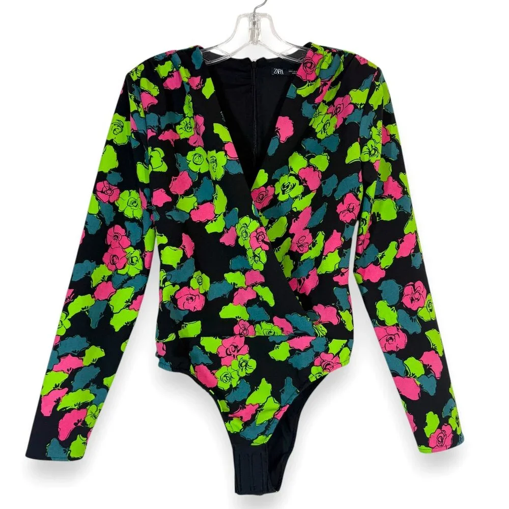 ZARA Floral Bodysuit Top Long Sleeve Wrap V Neck Black Pink Green Neon Small